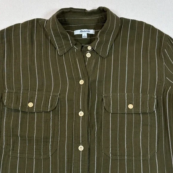 Madewell Lightspun Flap-Pocket Olive Green Striped Button Front Oversize Shirt S - Picture 3 of 8